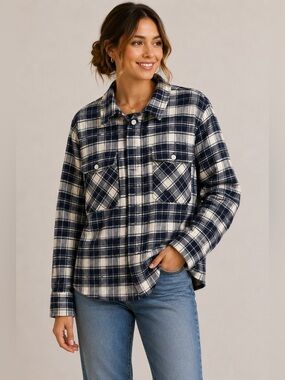 J.Crew Plaid Flannel Shirt Jacket Navy Half Zip Button Utility Shacket Cotton